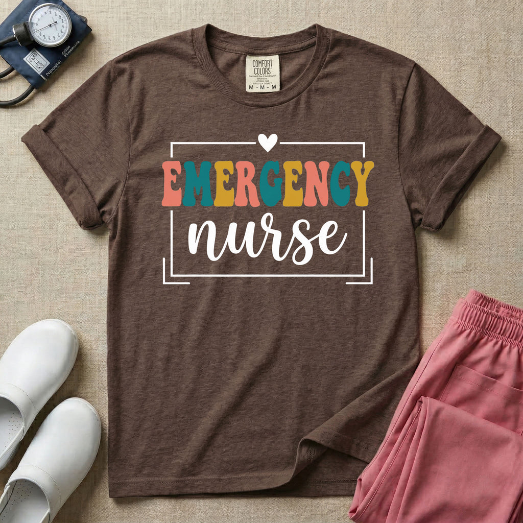 Retro Emergency Room nurse design featuring groovy multi-color block lettering spelling Emergency and white script text reading nurse within a minimalist heart-accented frame.