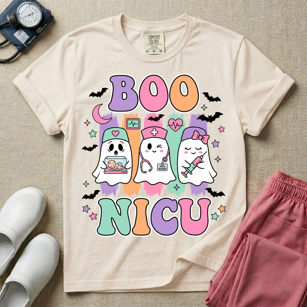 Cute Halloween NICU nurse design featuring the text Boo NICU in retro bubble letters with three ghost nurses holding an incubator baby, stethoscope, and syringe surrounded by flying bats and pastel stars.