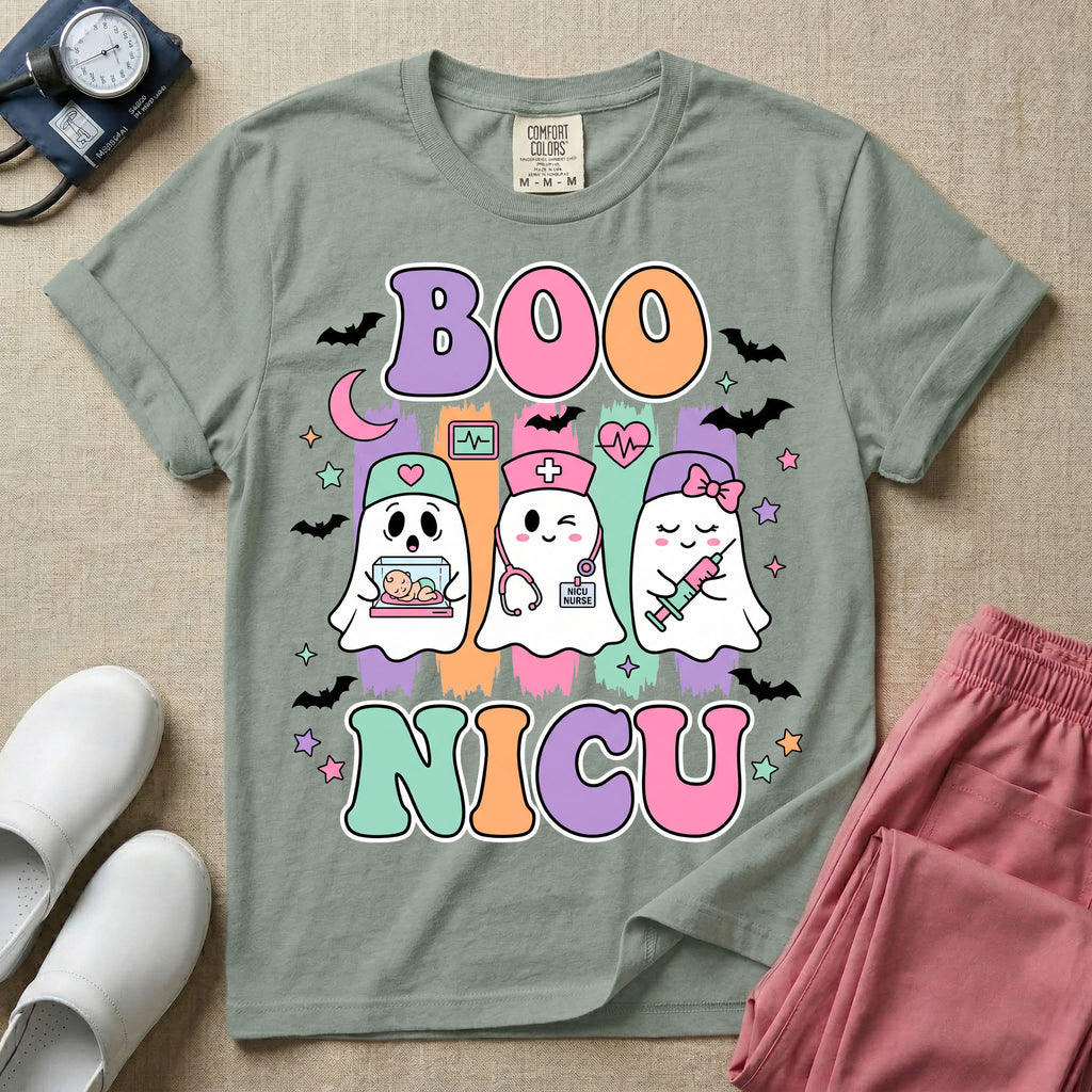 Retro Boo NICU Cute Nurse Ghosts Halloween T-Shirt-T-Shirt-HugTee