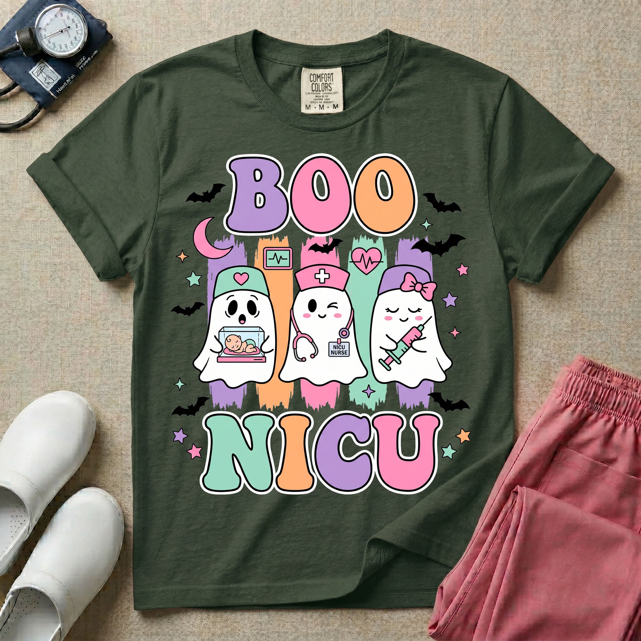 Retro Boo NICU Cute Nurse Ghosts Halloween T-Shirt-T-Shirt-HugTee