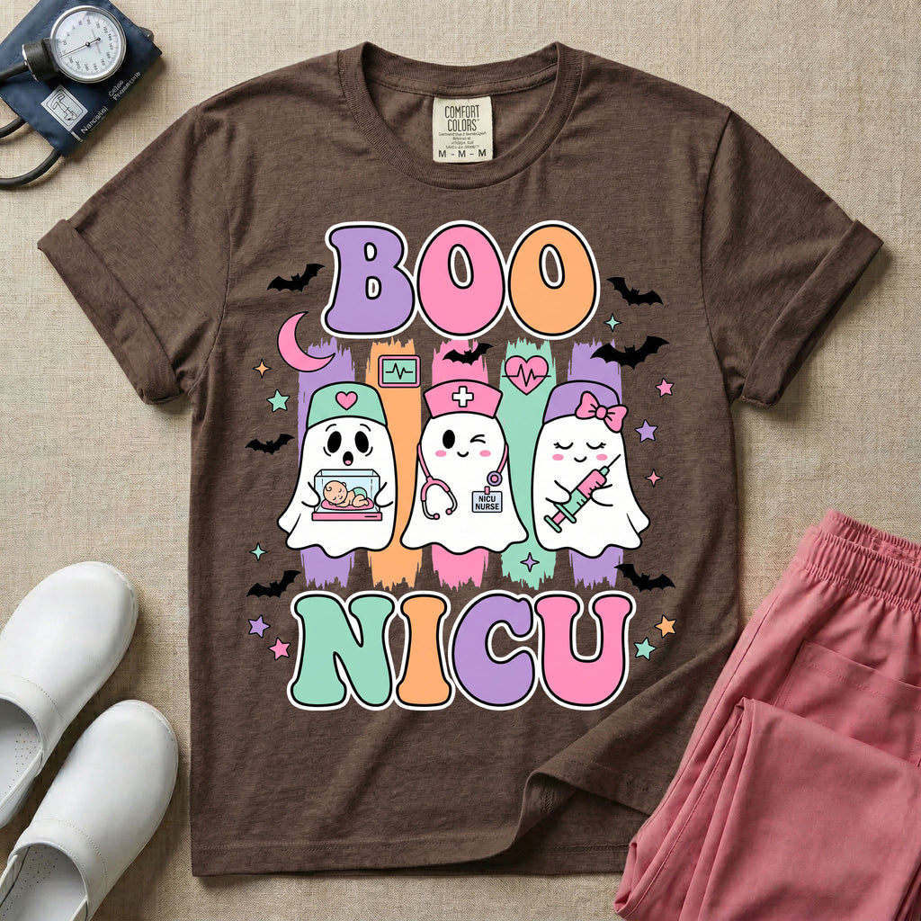 Retro Boo NICU Cute Nurse Ghosts Halloween T-Shirt-T-Shirt-HugTee