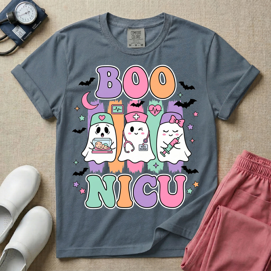 Retro Boo NICU Cute Nurse Ghosts Halloween T-Shirt-T-Shirt-HugTee
