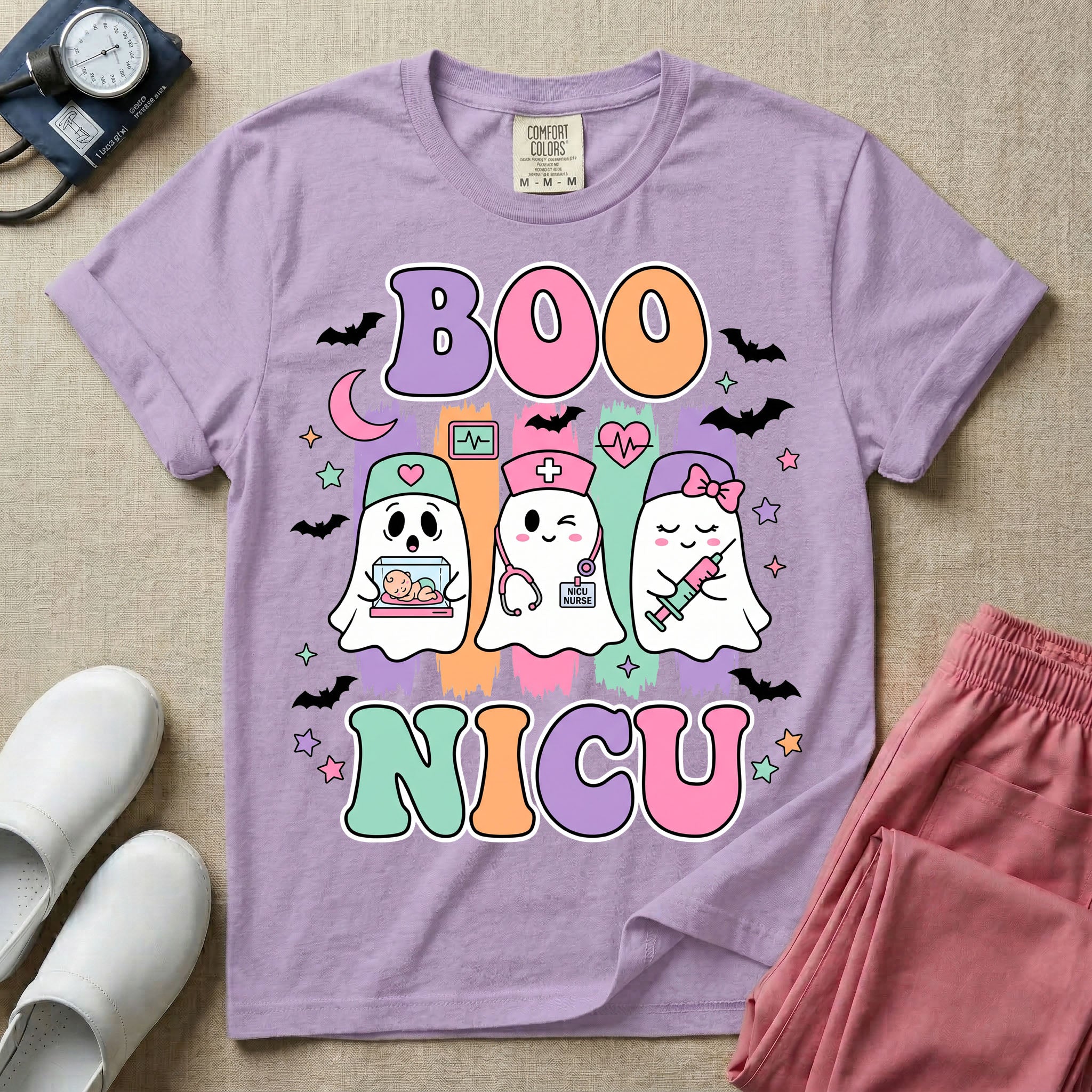 Cute Halloween NICU nurse design featuring the text Boo NICU in retro bubble letters with three ghost nurses holding an incubator baby, stethoscope, and syringe surrounded by flying bats and pastel stars.