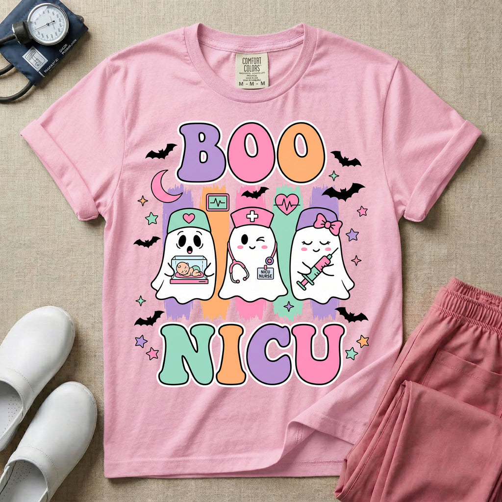 Retro Boo NICU Cute Nurse Ghosts Halloween T-Shirt-T-Shirt-HugTee