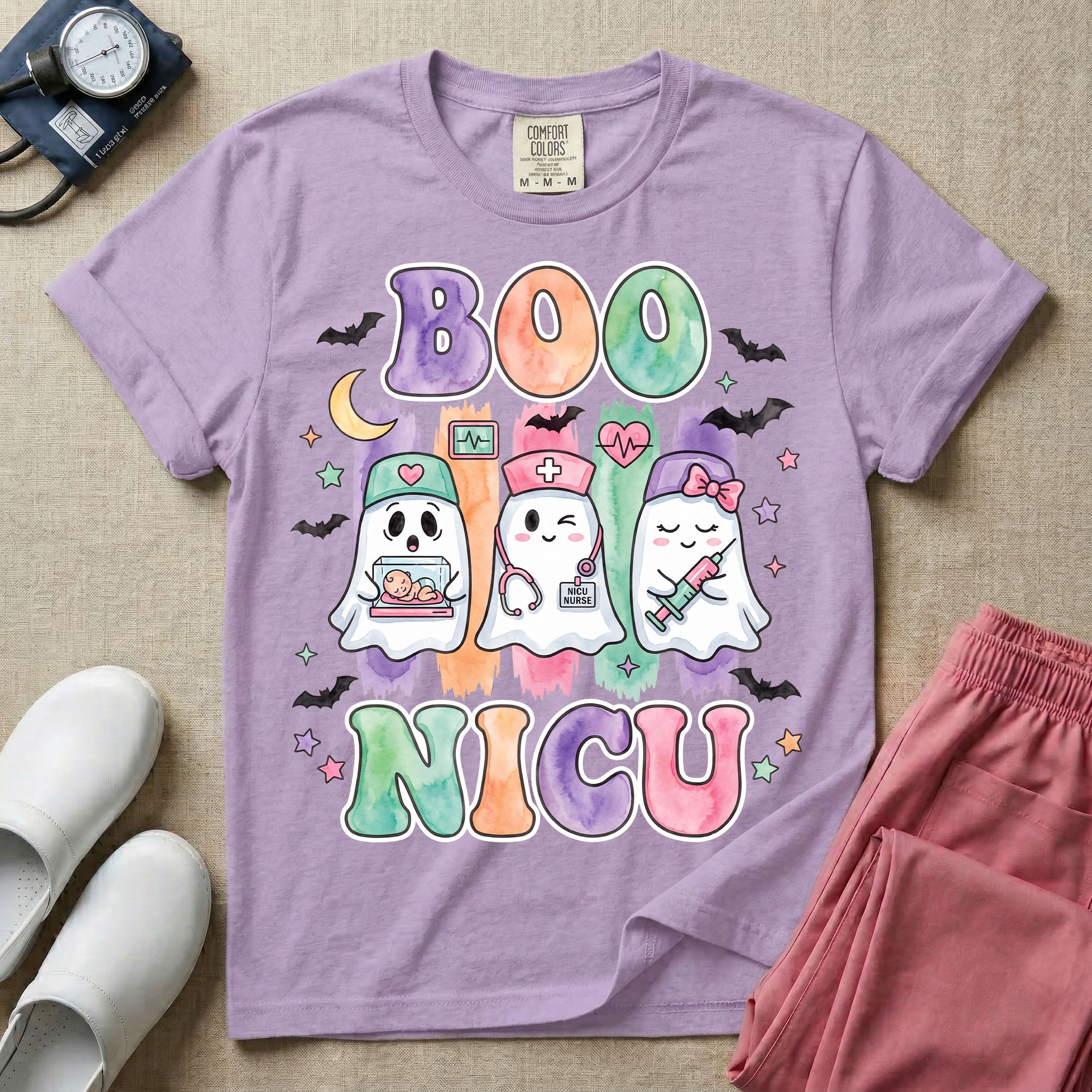 Retro Watercolor Boo NICU Ghost Nurse Halloween T-Shirt-T-Shirt-HugTee