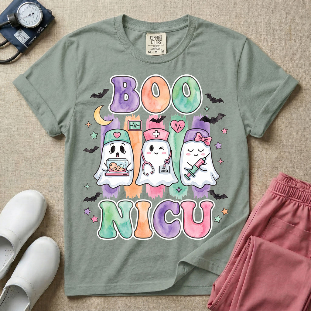 Cute Halloween NICU nurse design featuring watercolor textured retro bubble letters spelling Boo NICU with three ghost nurses holding an incubator baby, stethoscope, and syringe surrounded by bats and stars.