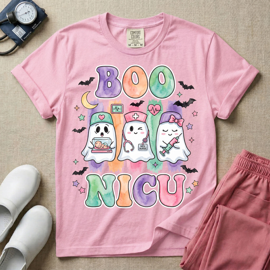 Retro Watercolor Boo NICU Ghost Nurse Halloween T-Shirt-T-Shirt-HugTee
