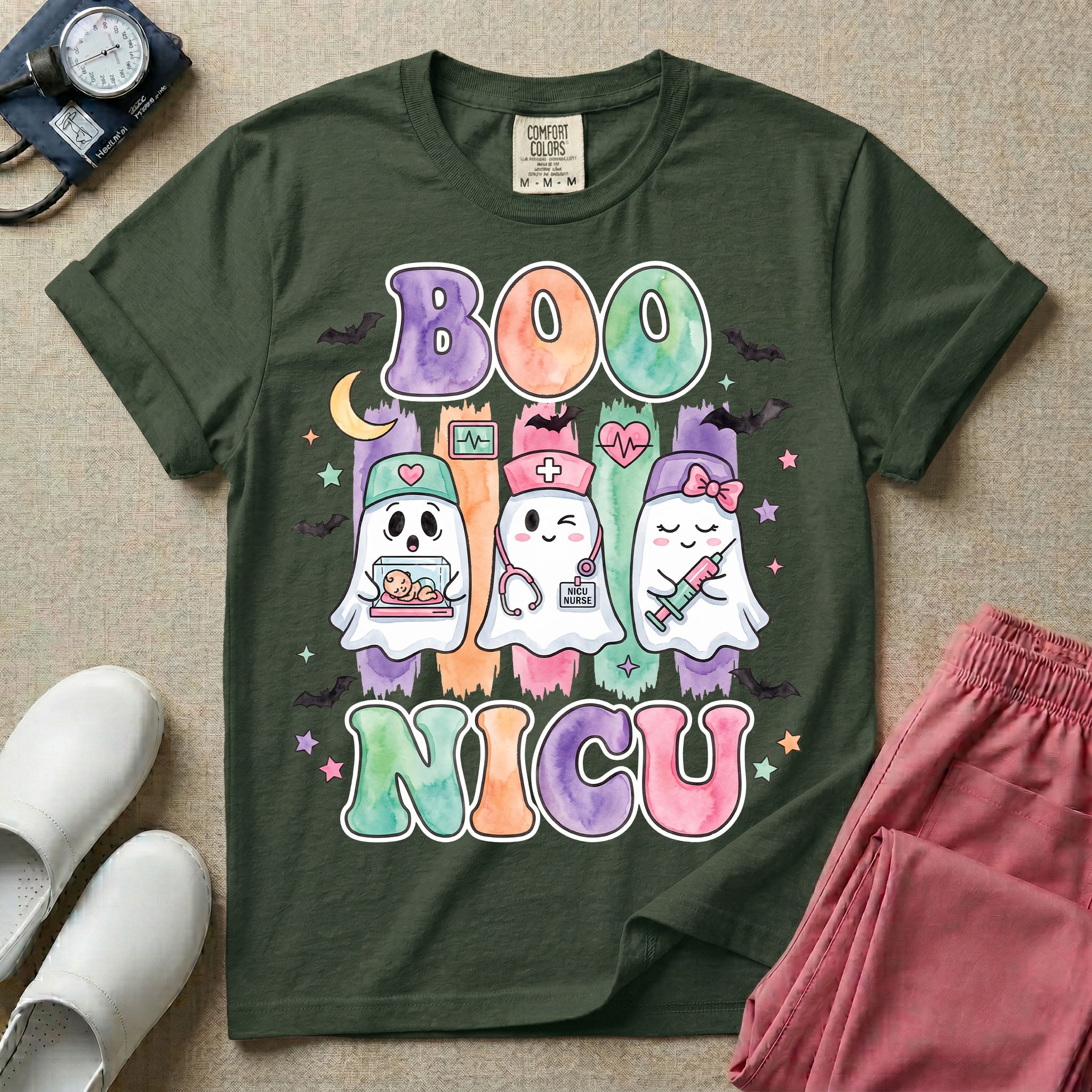 Retro Watercolor Boo NICU Ghost Nurse Halloween T-Shirt-T-Shirt-HugTee