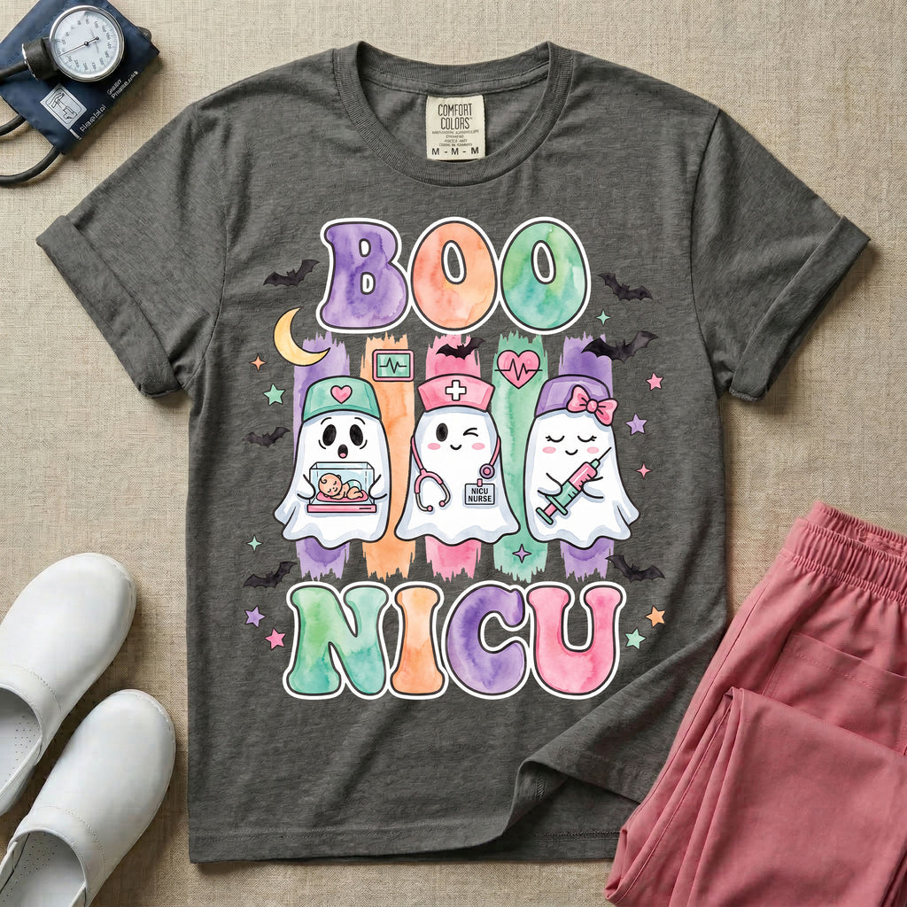 Cute Halloween NICU nurse design featuring watercolor textured retro bubble letters spelling Boo NICU with three ghost nurses holding an incubator baby, stethoscope, and syringe surrounded by bats and stars.