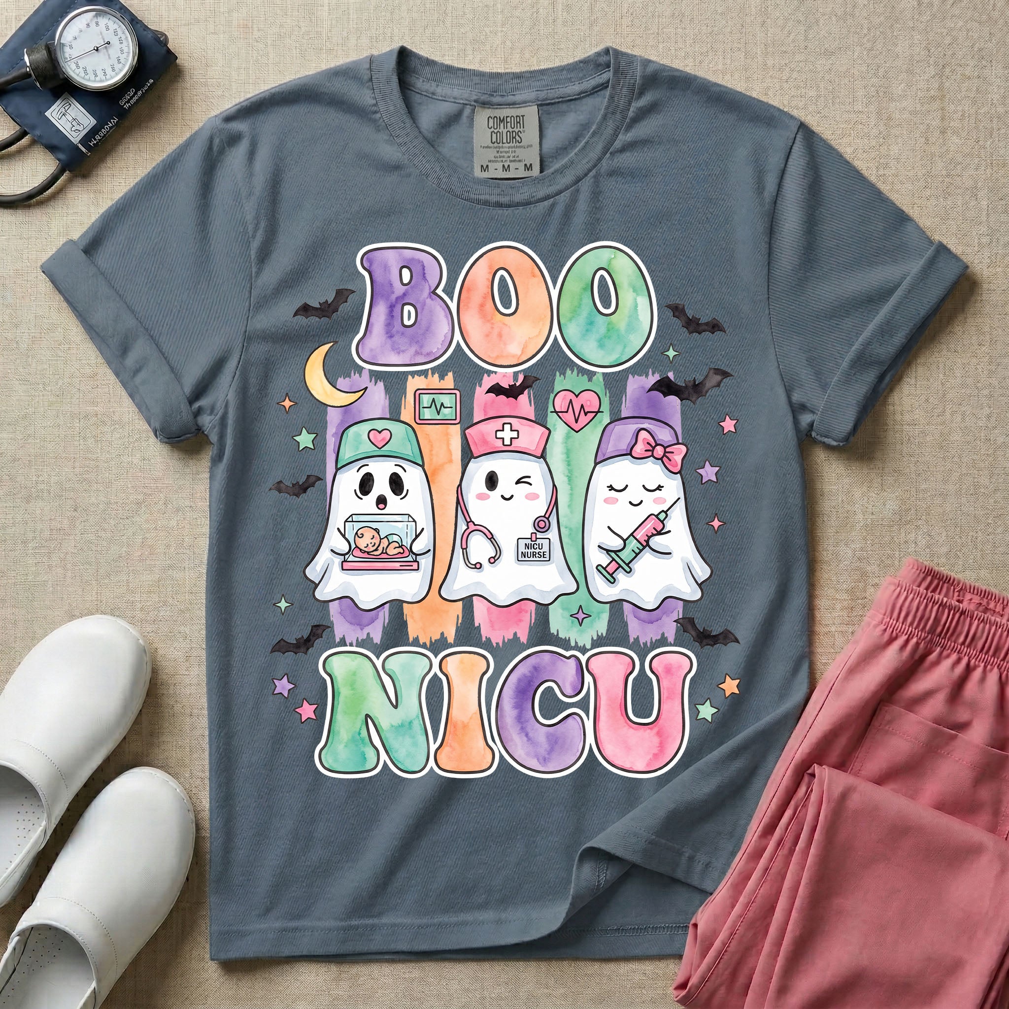 Retro Watercolor Boo NICU Ghost Nurse Halloween T-Shirt-T-Shirt-HugTee