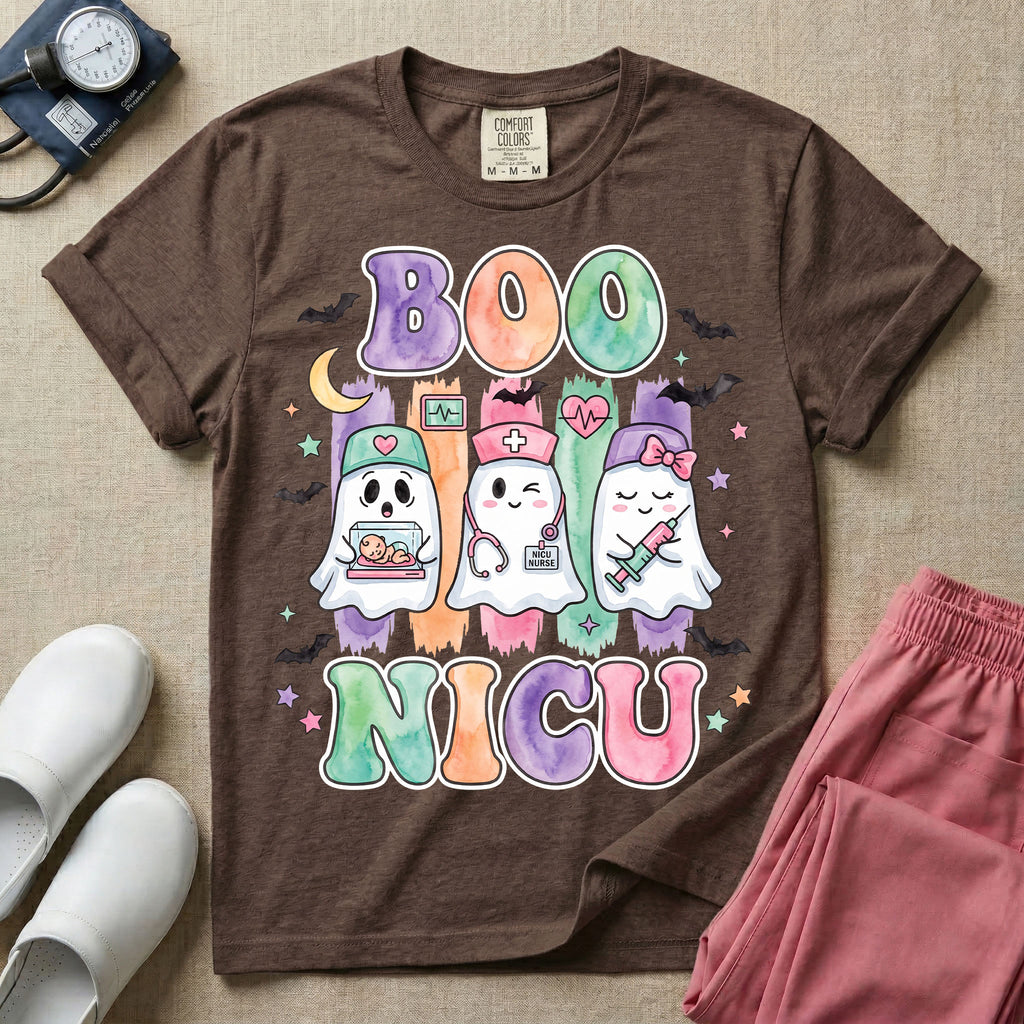 Retro Watercolor Boo NICU Ghost Nurse Halloween T-Shirt-T-Shirt-HugTee