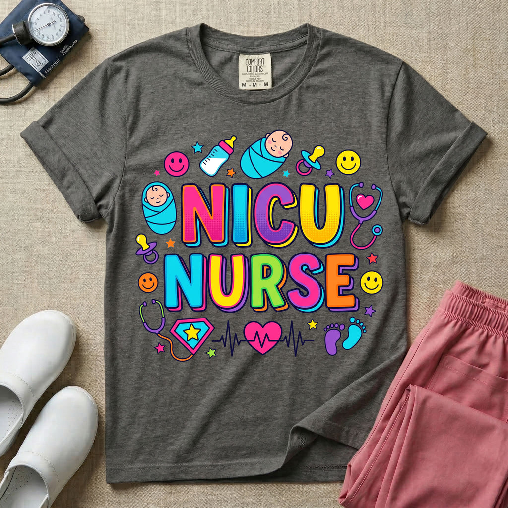 Cute retro NICU nurse design featuring colorful bubble lettering spelling NICU Nurse surrounded by swaddled babies, happy smiley faces, a baby bottle, pacifiers, heart stethoscopes, and an EKG heartbeat pulse graphic.