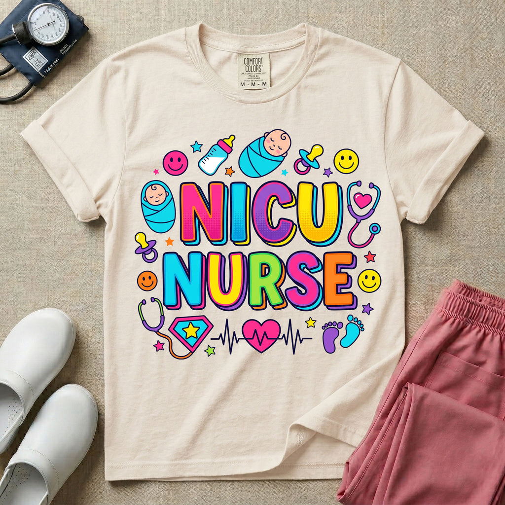 Cute retro NICU nurse design featuring colorful bubble lettering spelling NICU Nurse surrounded by swaddled babies, happy smiley faces, a baby bottle, pacifiers, heart stethoscopes, and an EKG heartbeat pulse graphic.