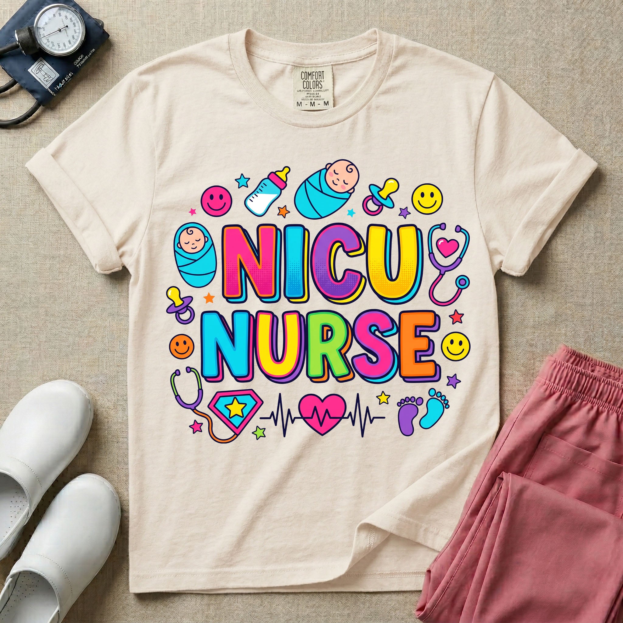 Cute retro NICU nurse design featuring colorful bubble lettering spelling NICU Nurse surrounded by swaddled babies, happy smiley faces, a baby bottle, pacifiers, heart stethoscopes, and an EKG heartbeat pulse graphic.