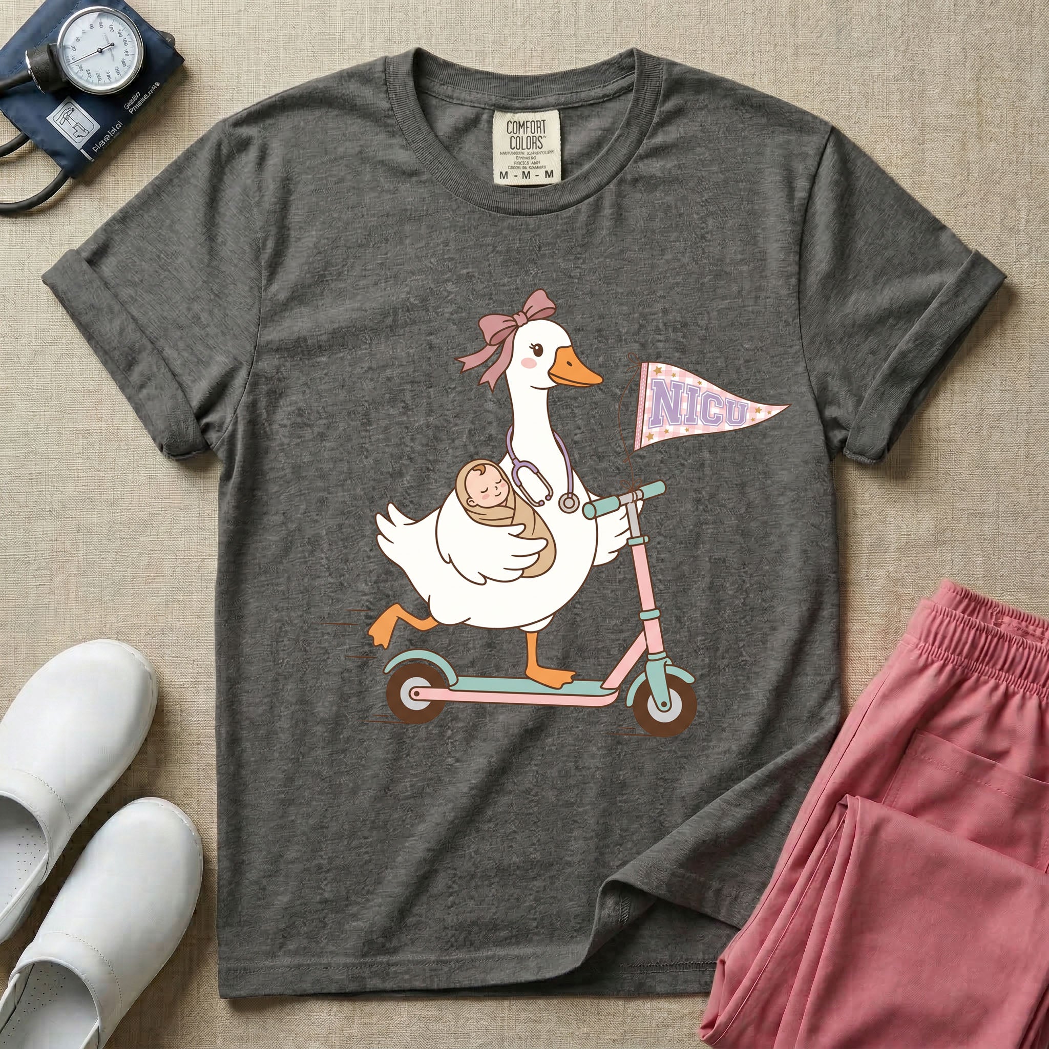 Cute NICU nurse design featuring an adorable goose wearing a ribbon bow and stethoscope riding a scooter while carrying a swaddled newborn baby, with a pennant flag reading NICU attached to the handlebars.
