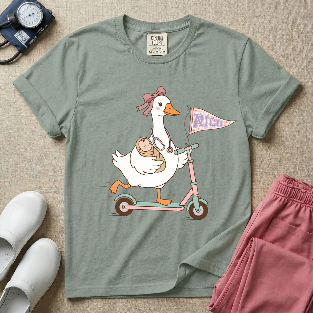 Coquette Goose Riding Scooter NICU Nurse T-Shirt-T-Shirt-HugTee