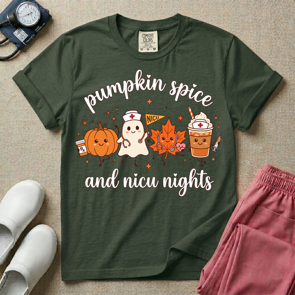 Cute Pumpkin Spice and NICU Nights Fall Night Shift Nurse T-Shirt-T-Shirt-HugTee