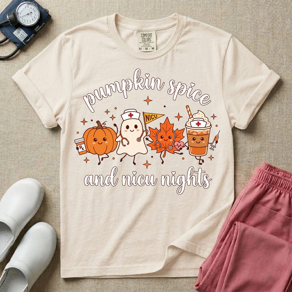 Cute Fall and Halloween NICU nurse design reading Pumpkin Spice and NICU Nights featuring animated characters including a pumpkin with a pill bottle, nurse ghost holding a NICU pennant, autumn maple leaf with a stethoscope, and an iced pumpkin spice latte.