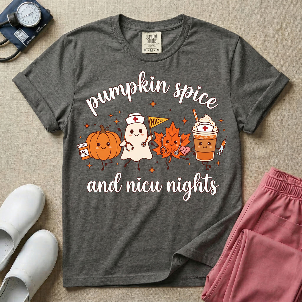 Cute Fall and Halloween NICU nurse design reading Pumpkin Spice and NICU Nights featuring animated characters including a pumpkin with a pill bottle, nurse ghost holding a NICU pennant, autumn maple leaf with a stethoscope, and an iced pumpkin spice latte.