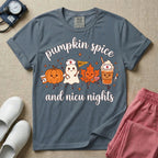 Cute Fall and Halloween NICU nurse design reading Pumpkin Spice and NICU Nights featuring animated characters including a pumpkin with a pill bottle, nurse ghost holding a NICU pennant, autumn maple leaf with a stethoscope, and an iced pumpkin spice latte.