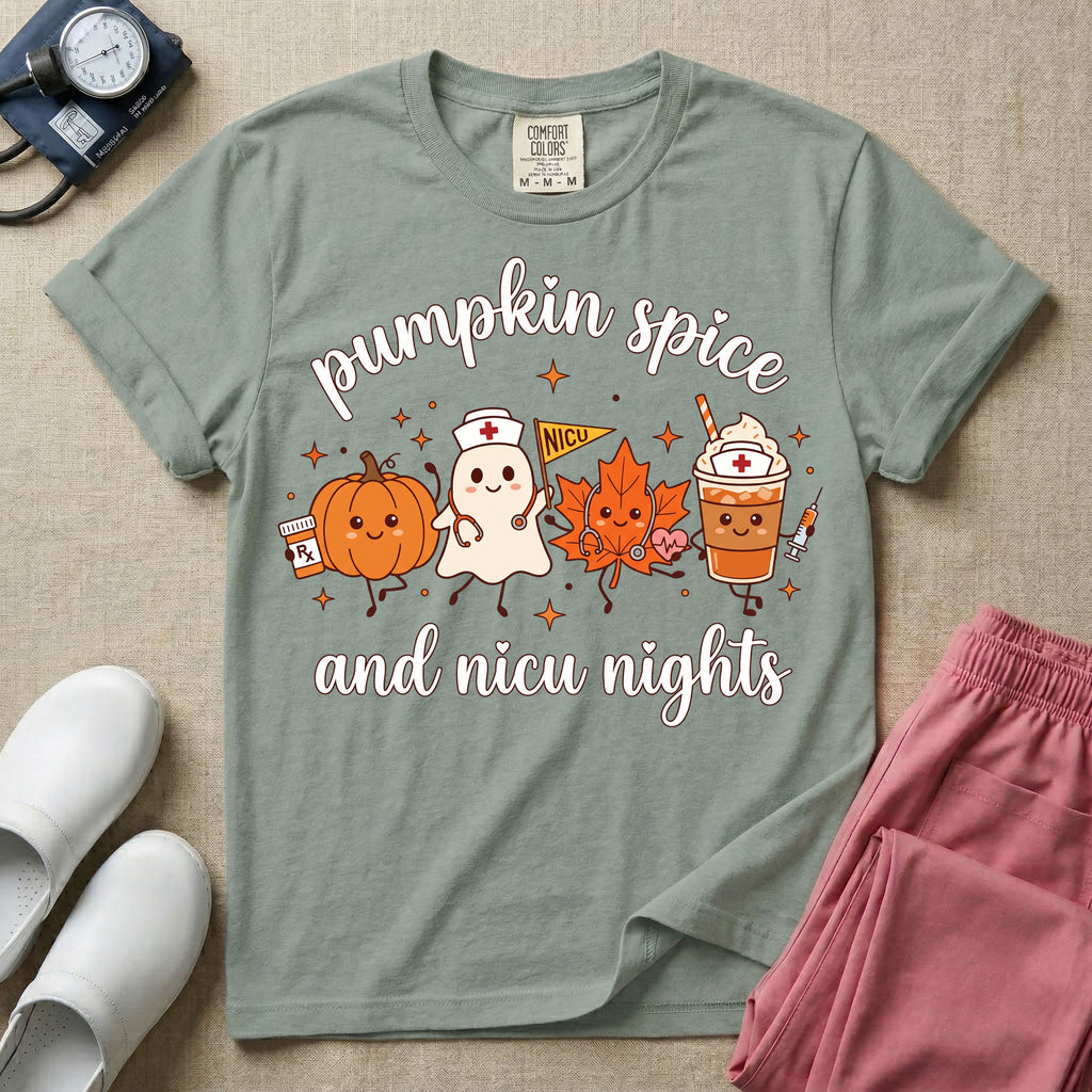Cute Pumpkin Spice and NICU Nights Fall Night Shift Nurse T-Shirt-T-Shirt-HugTee