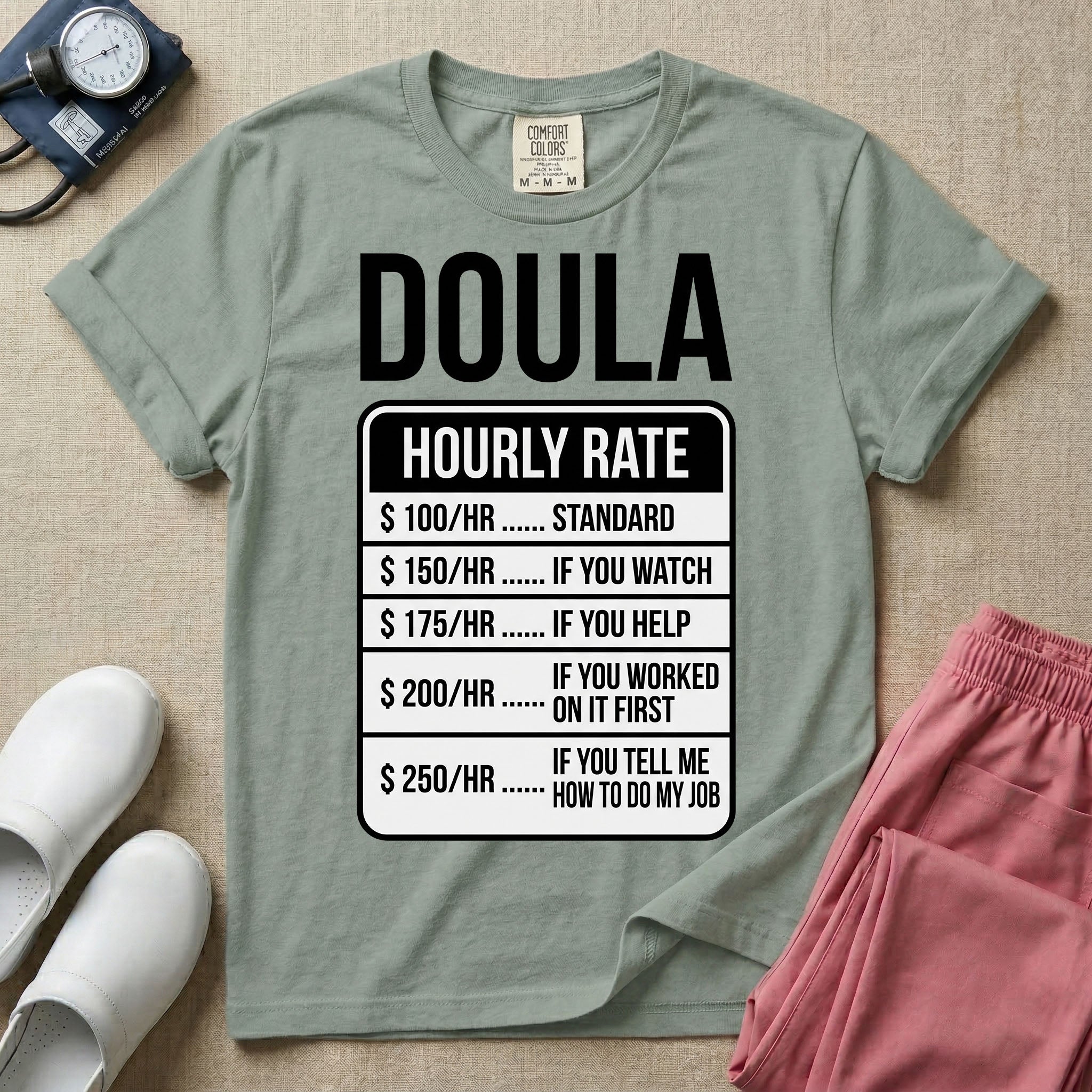 Funny Doula Hourly Rate Price Chart Labor Support T-Shirt-HugTee