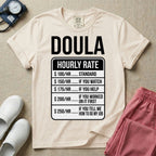 Funny doula graphic featuring bold text spelling DOULA above a humorous hourly rate fee schedule breakdown for standard service, watching, helping, and telling me how to do my job.