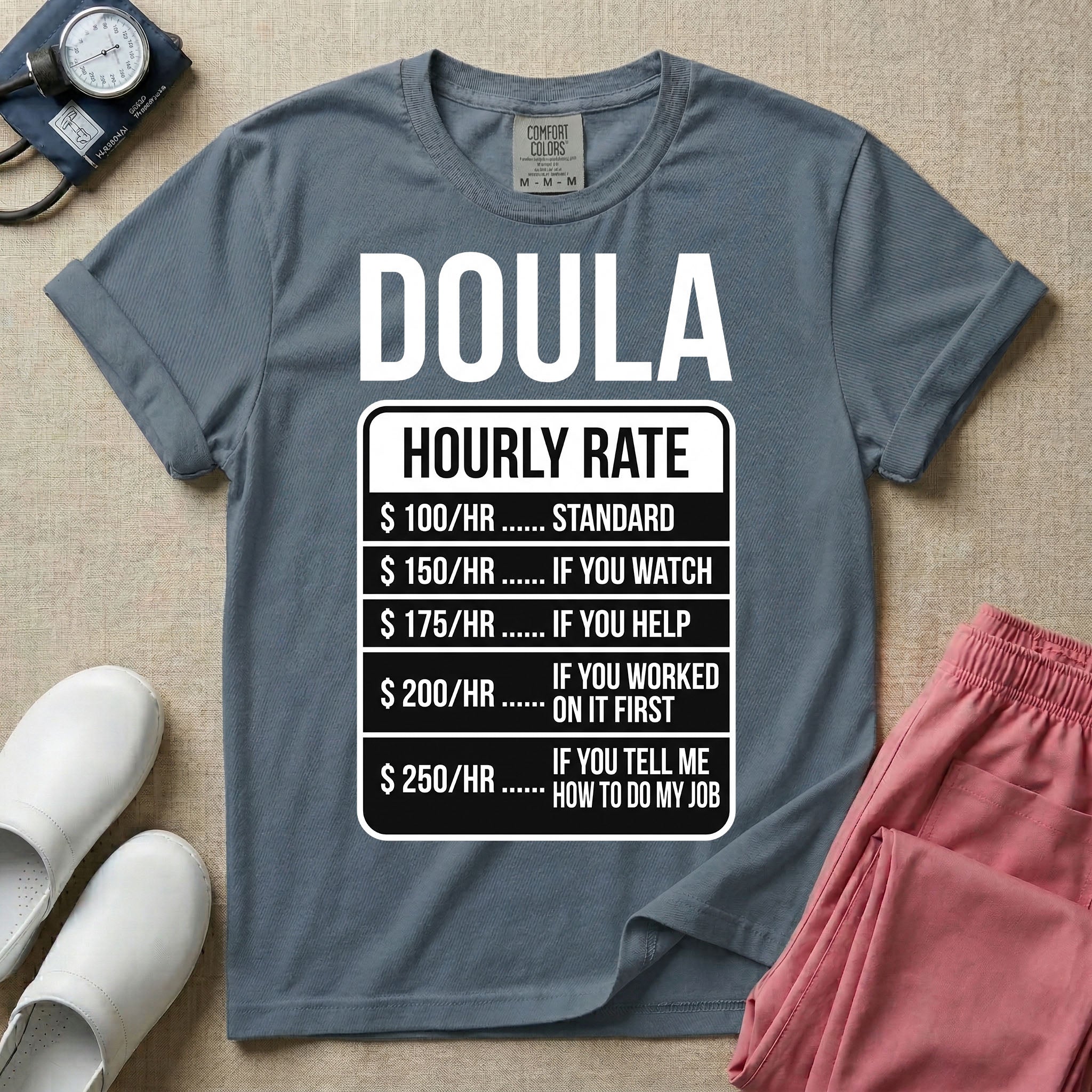 Funny Doula Hourly Rate Price Chart Labor Support T-Shirt-HugTee