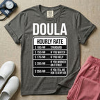 Funny doula graphic featuring bold text spelling DOULA above a humorous hourly rate fee schedule breakdown for standard service, watching, helping, and telling me how to do my job.