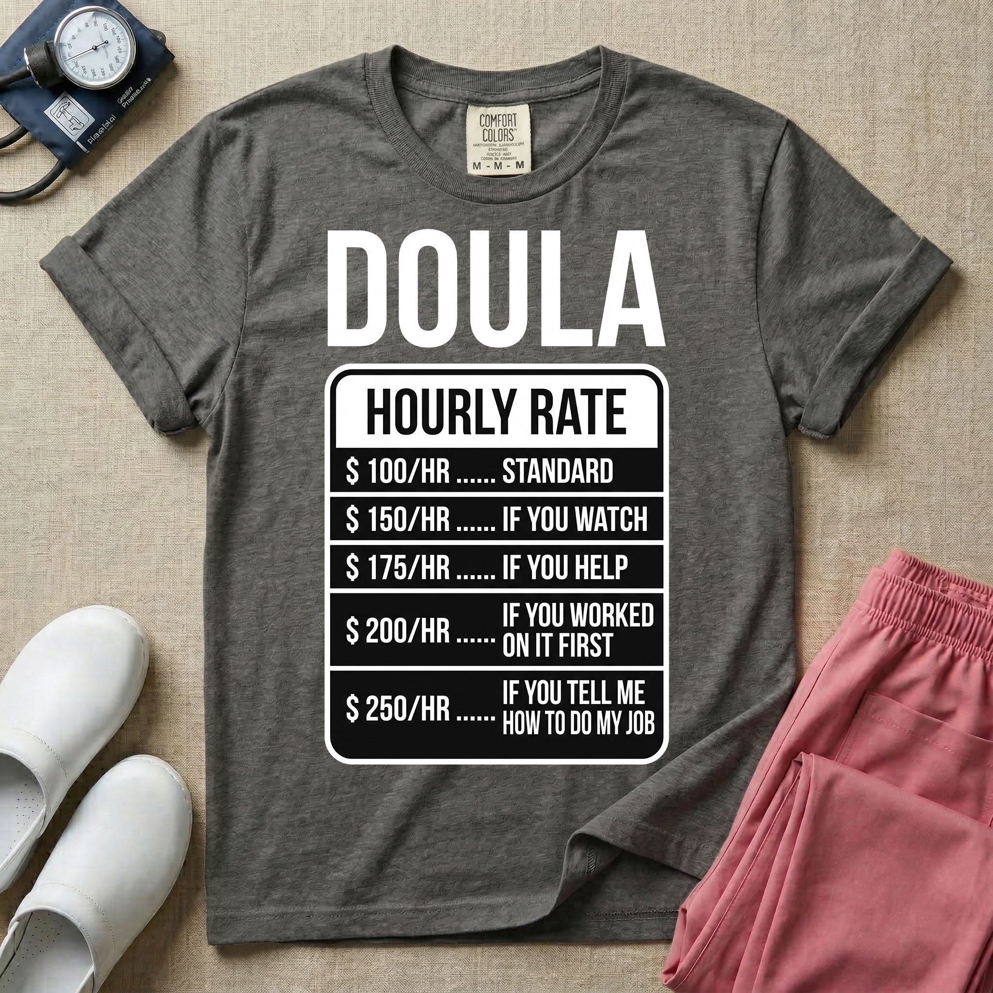 Funny doula graphic featuring bold text spelling DOULA above a humorous hourly rate fee schedule breakdown for standard service, watching, helping, and telling me how to do my job.