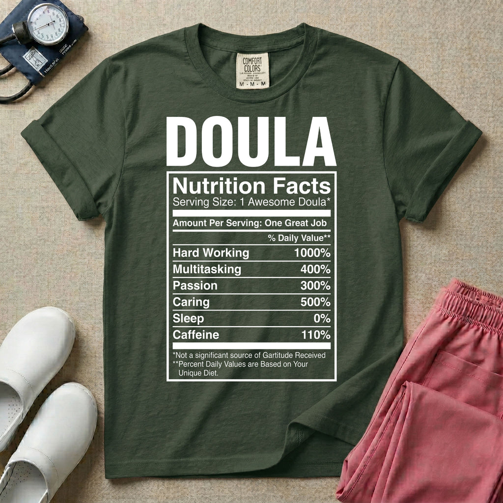 Funny Doula Nutrition Facts Birth Worker T-Shirt-HugTee