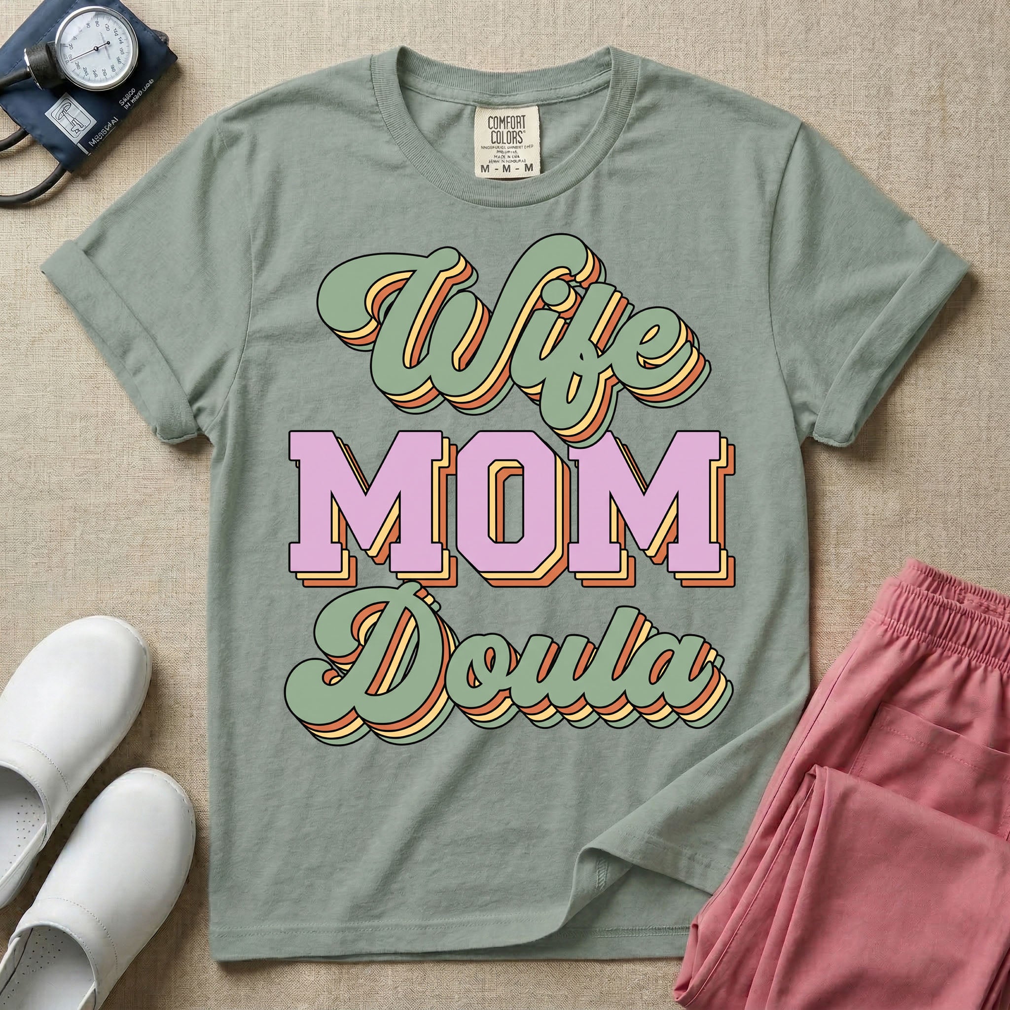 Retro Wife Mom Doula Groovy Birth Worker T-Shirt-HugTee