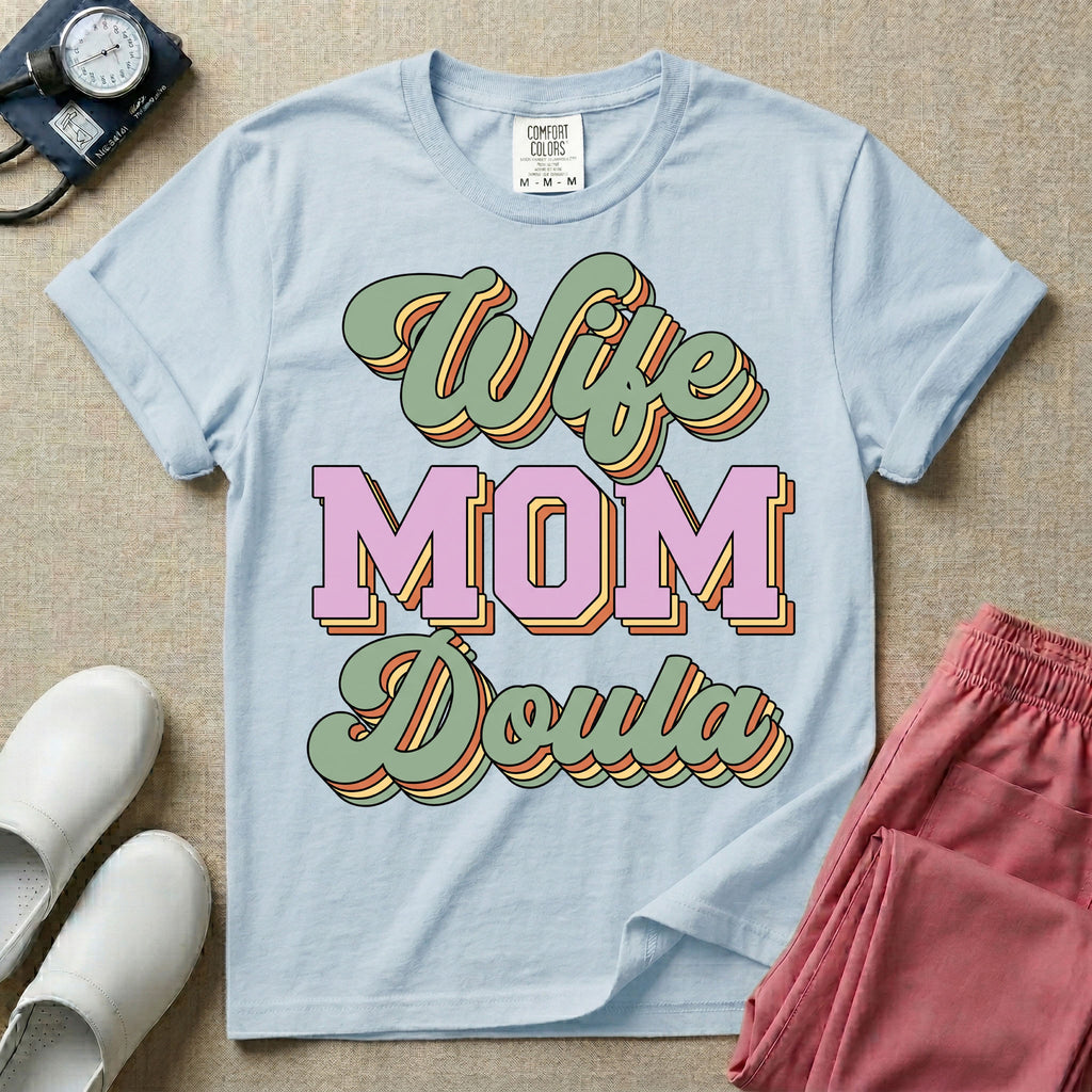 Retro Wife Mom Doula Groovy Birth Worker T-Shirt-HugTee