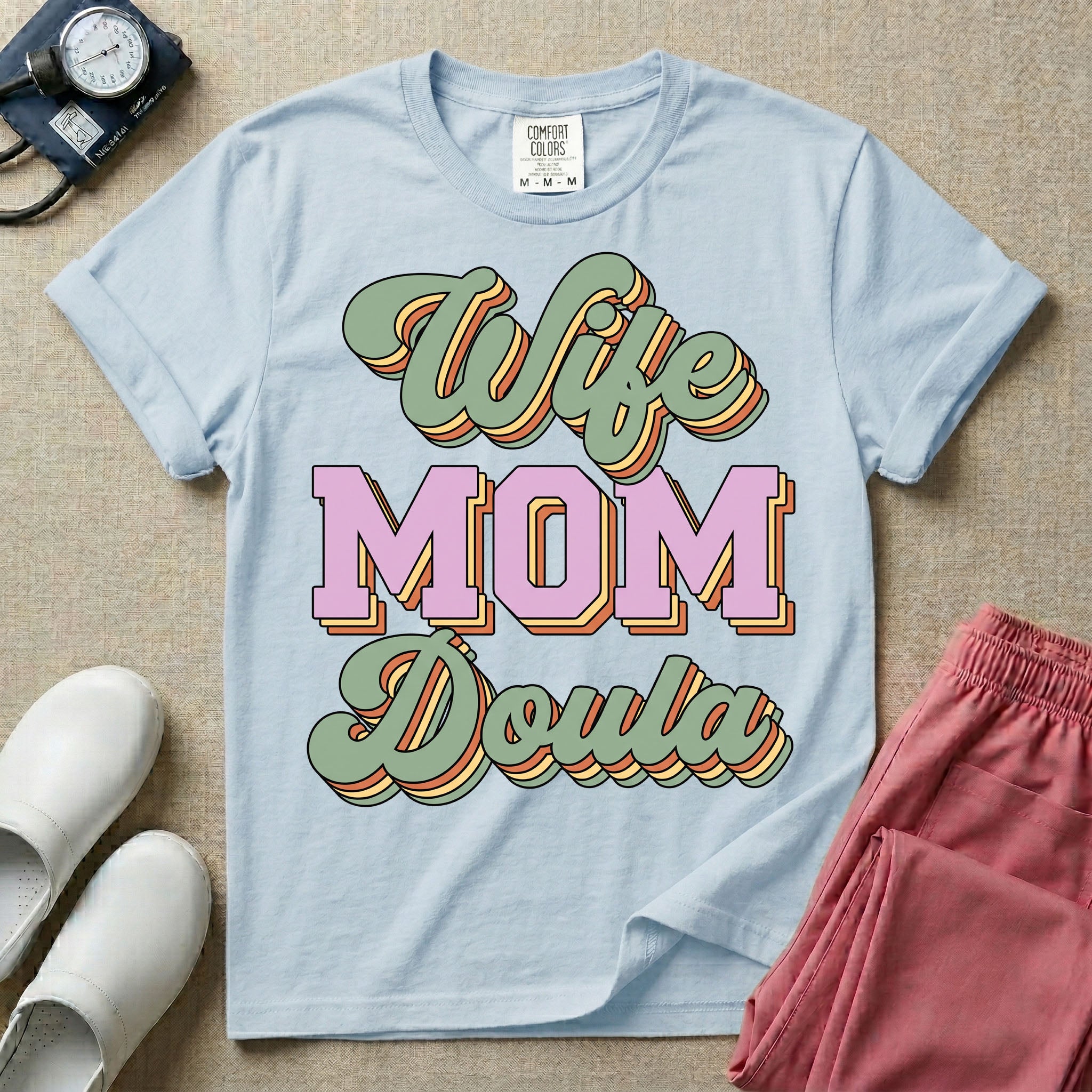 Retro Wife Mom Doula Groovy Birth Worker T-Shirt-HugTee