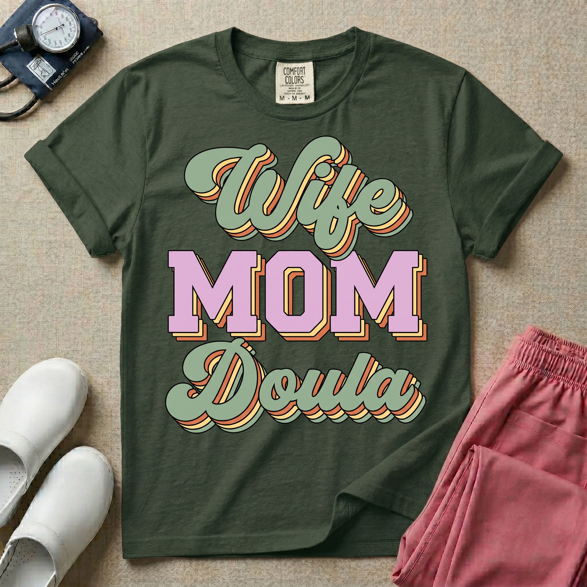 Retro Wife Mom Doula Groovy Birth Worker T-Shirt-HugTee