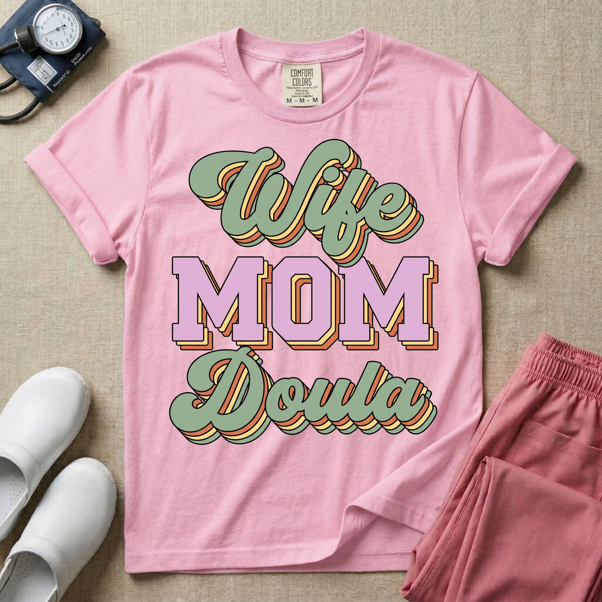 Retro Wife Mom Doula Groovy Birth Worker T-Shirt-HugTee