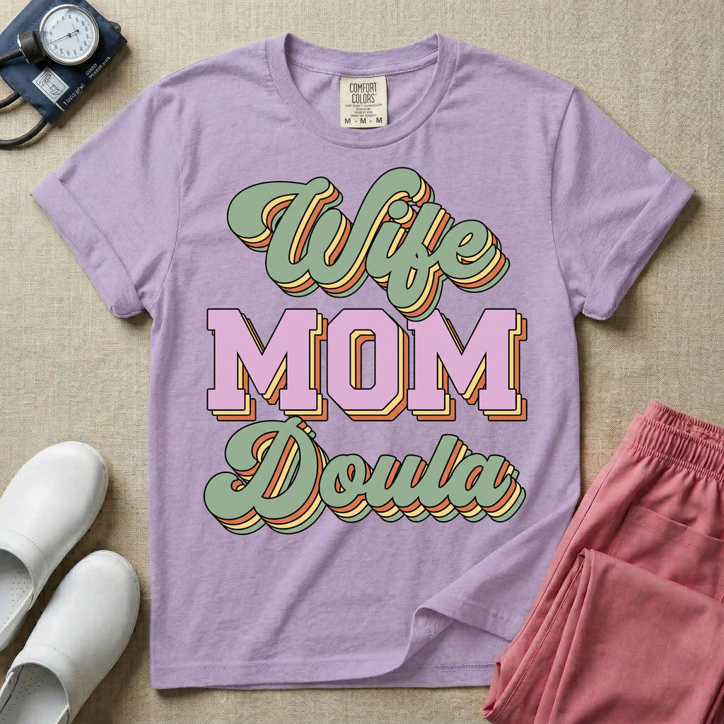Retro Wife Mom Doula Groovy Birth Worker T-Shirt-HugTee