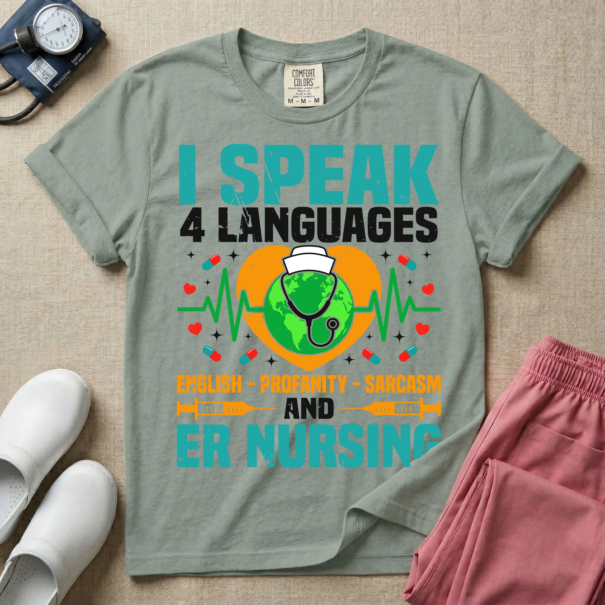 Funny I Speak 4 Languages Sarcastic ER Nurse T-Shirt