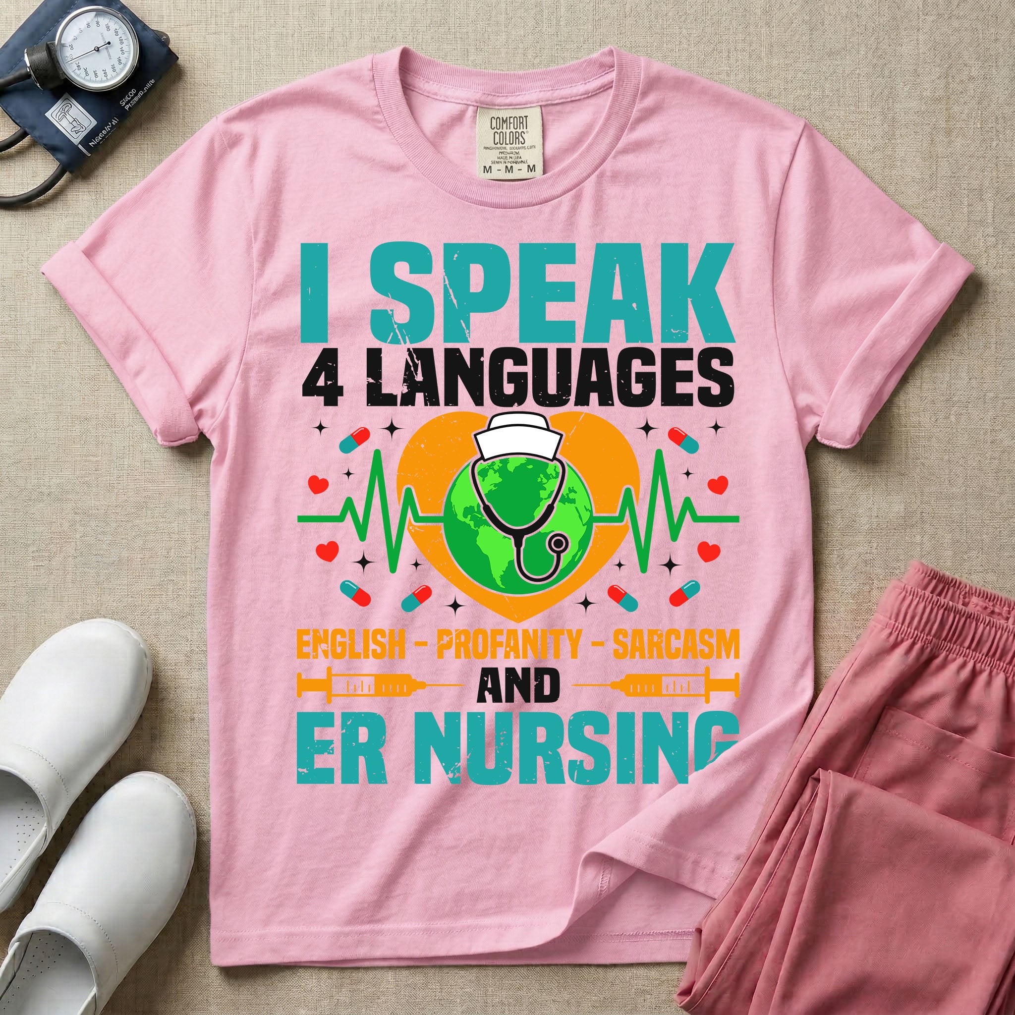 Funny I Speak 4 Languages Sarcastic ER Nurse T-Shirt