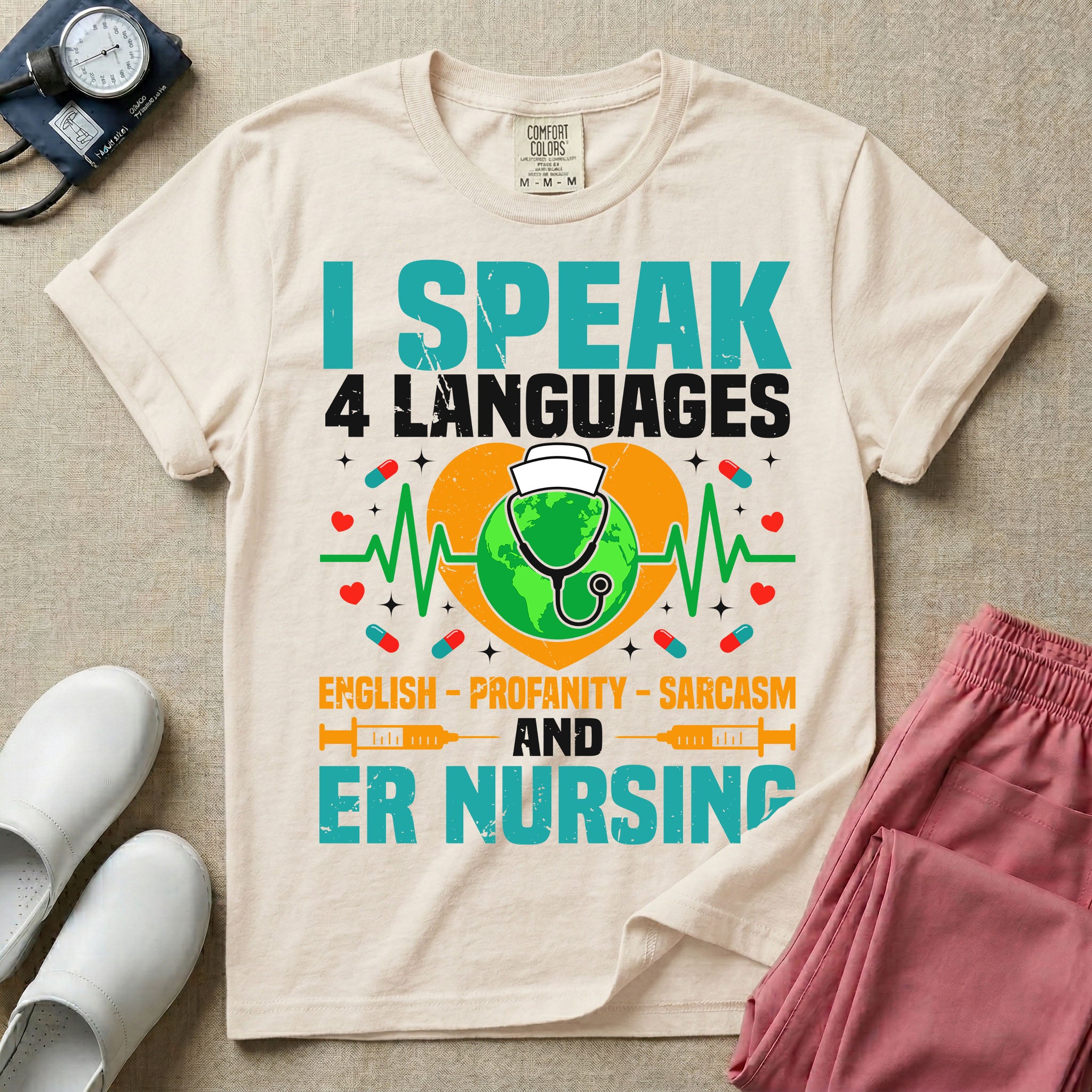 Funny I Speak 4 Languages Sarcastic ER Nurse T-Shirt