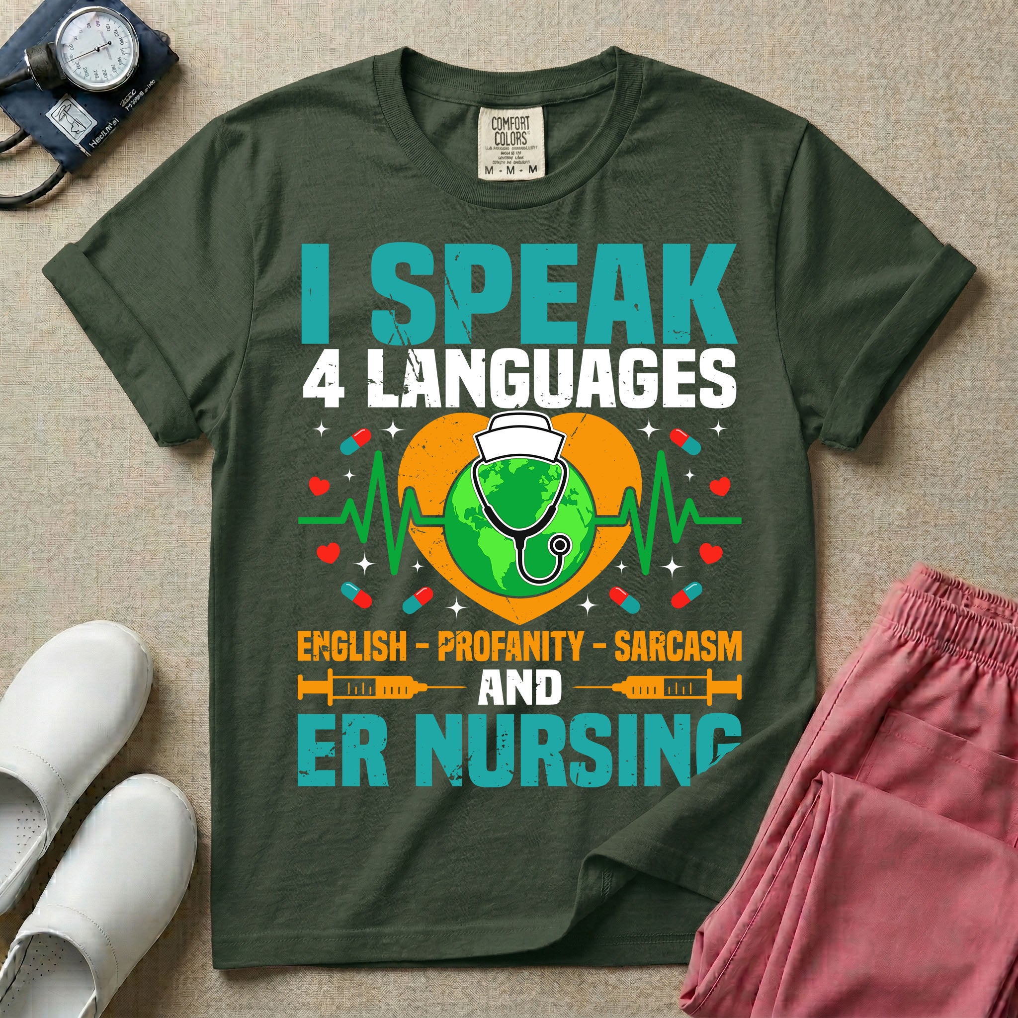 Funny I Speak 4 Languages Sarcastic ER Nurse T-Shirt