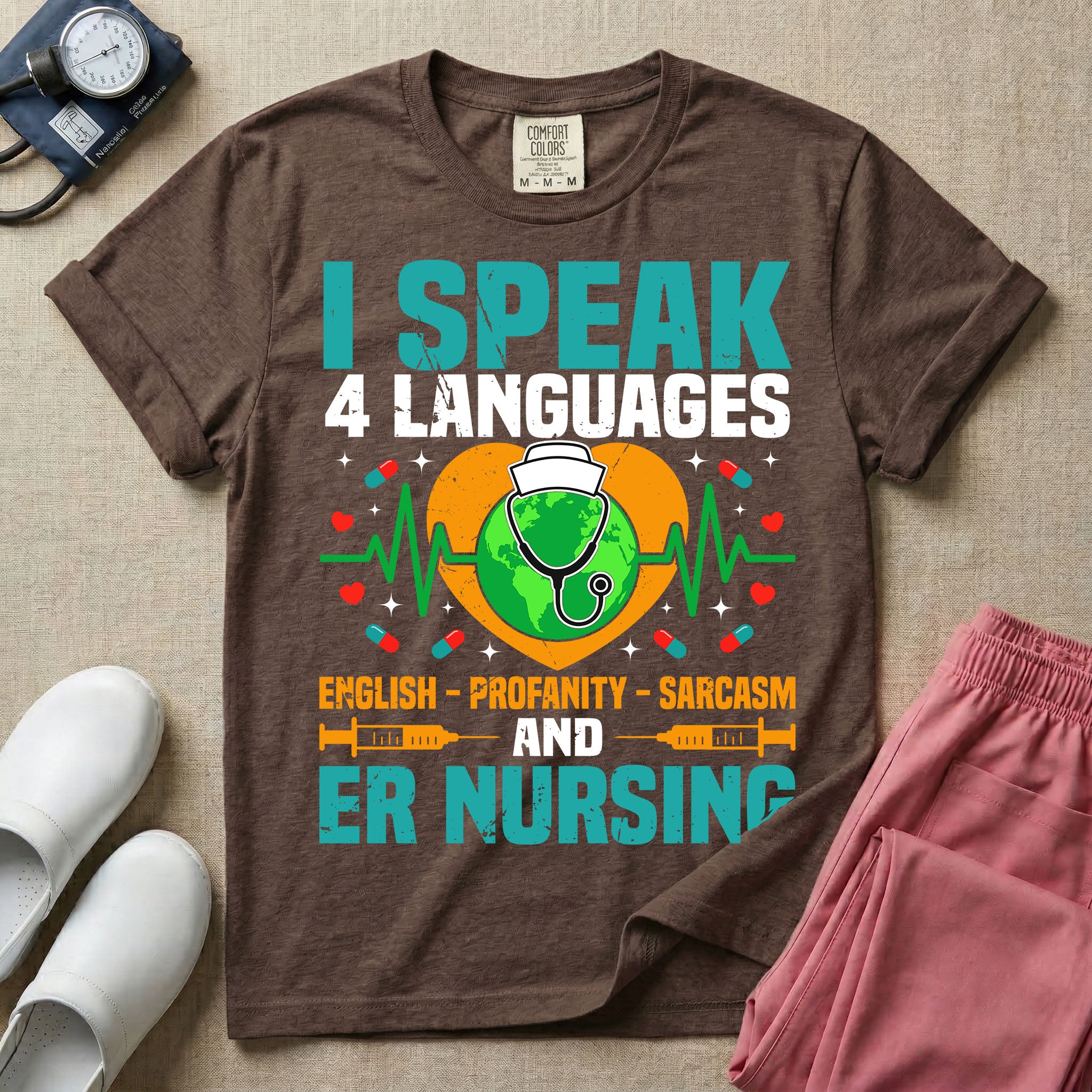 Funny I Speak 4 Languages Sarcastic ER Nurse T-Shirt