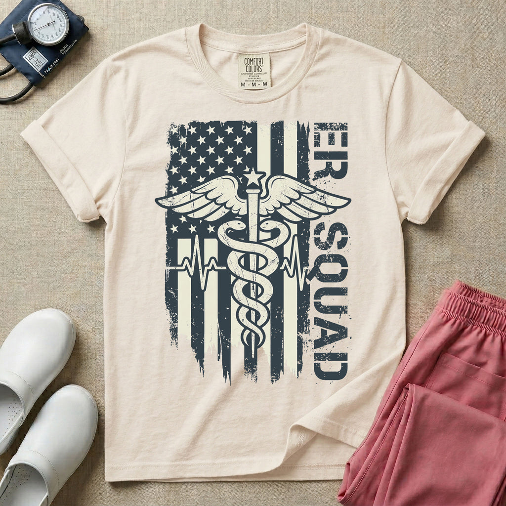 Patriotic ER Squad Caduceus American Flag Emergency Room Nurse T-Shirt