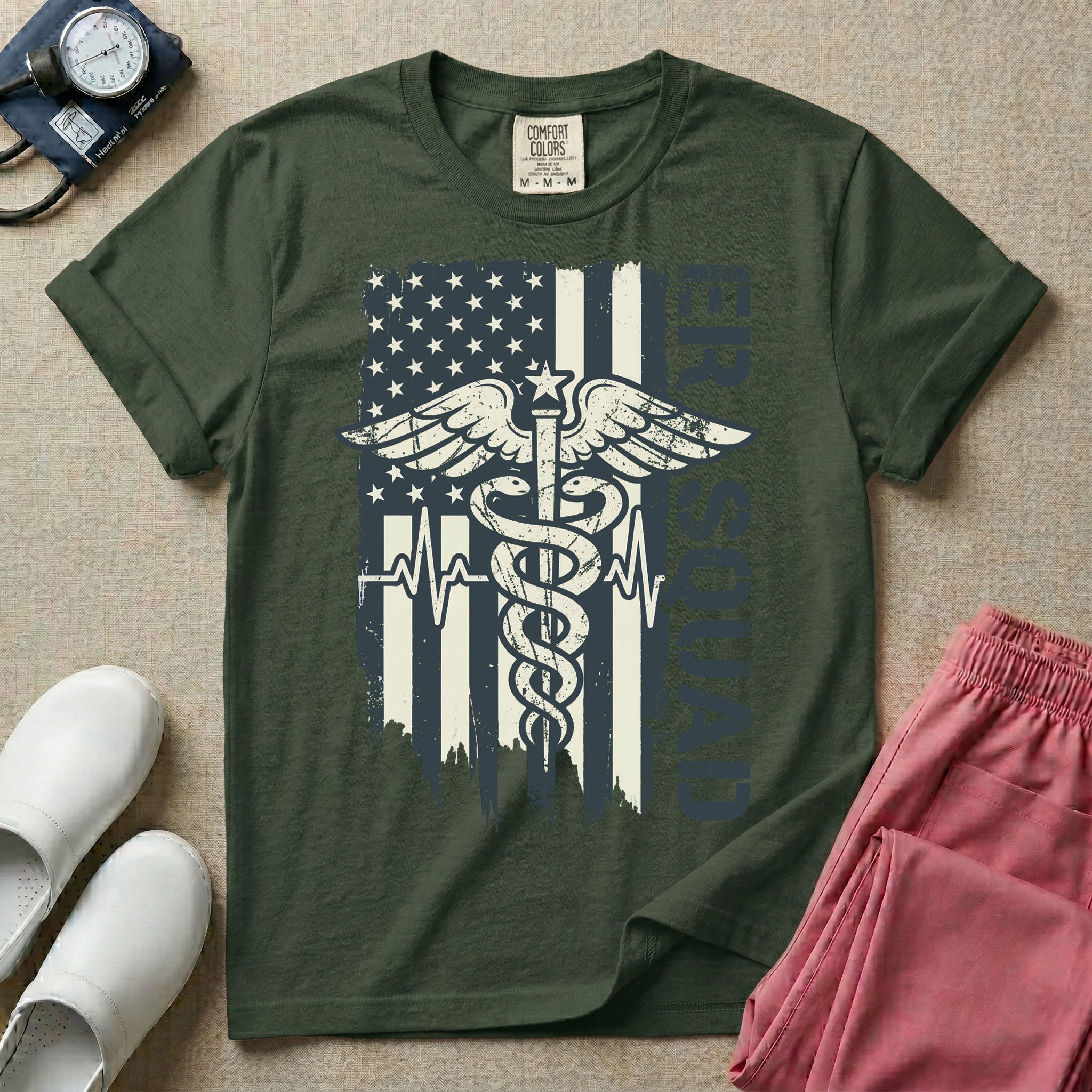 Patriotic ER Squad Caduceus American Flag Emergency Room Nurse T-Shirt