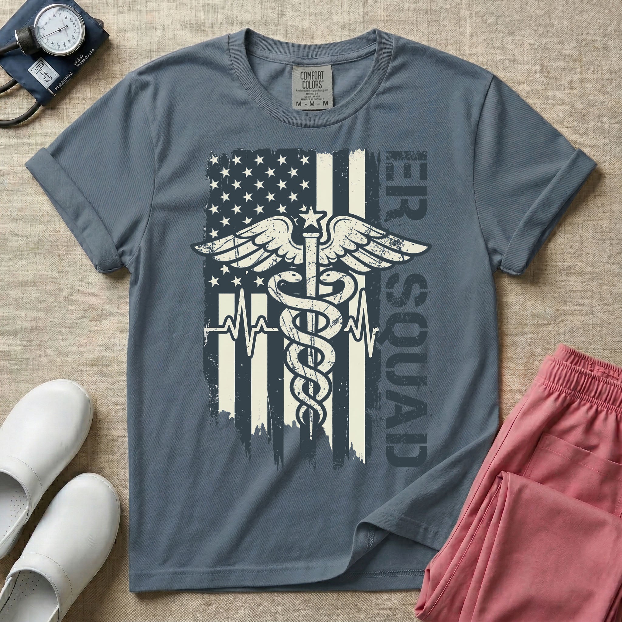 Patriotic ER Squad Caduceus American Flag Emergency Room Nurse T-Shirt