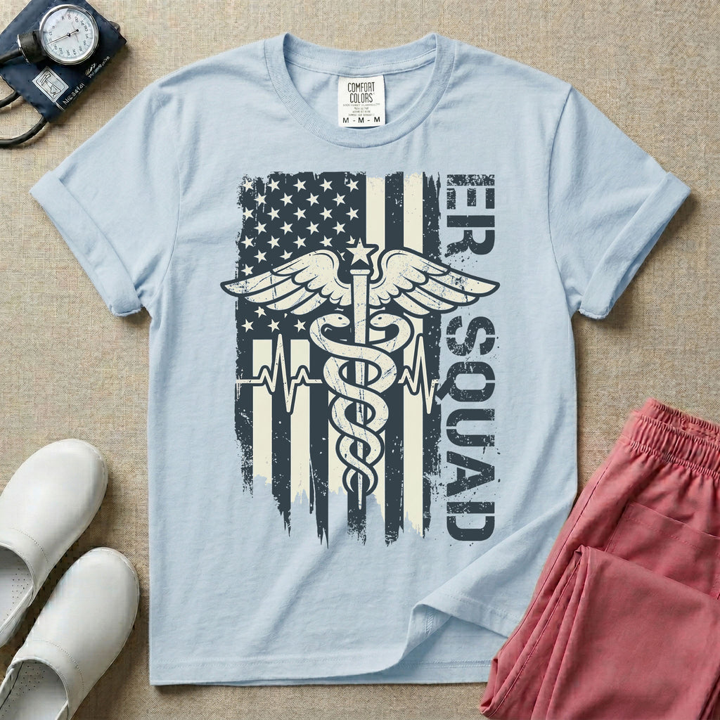 Patriotic ER Squad Caduceus American Flag Emergency Room Nurse T-Shirt