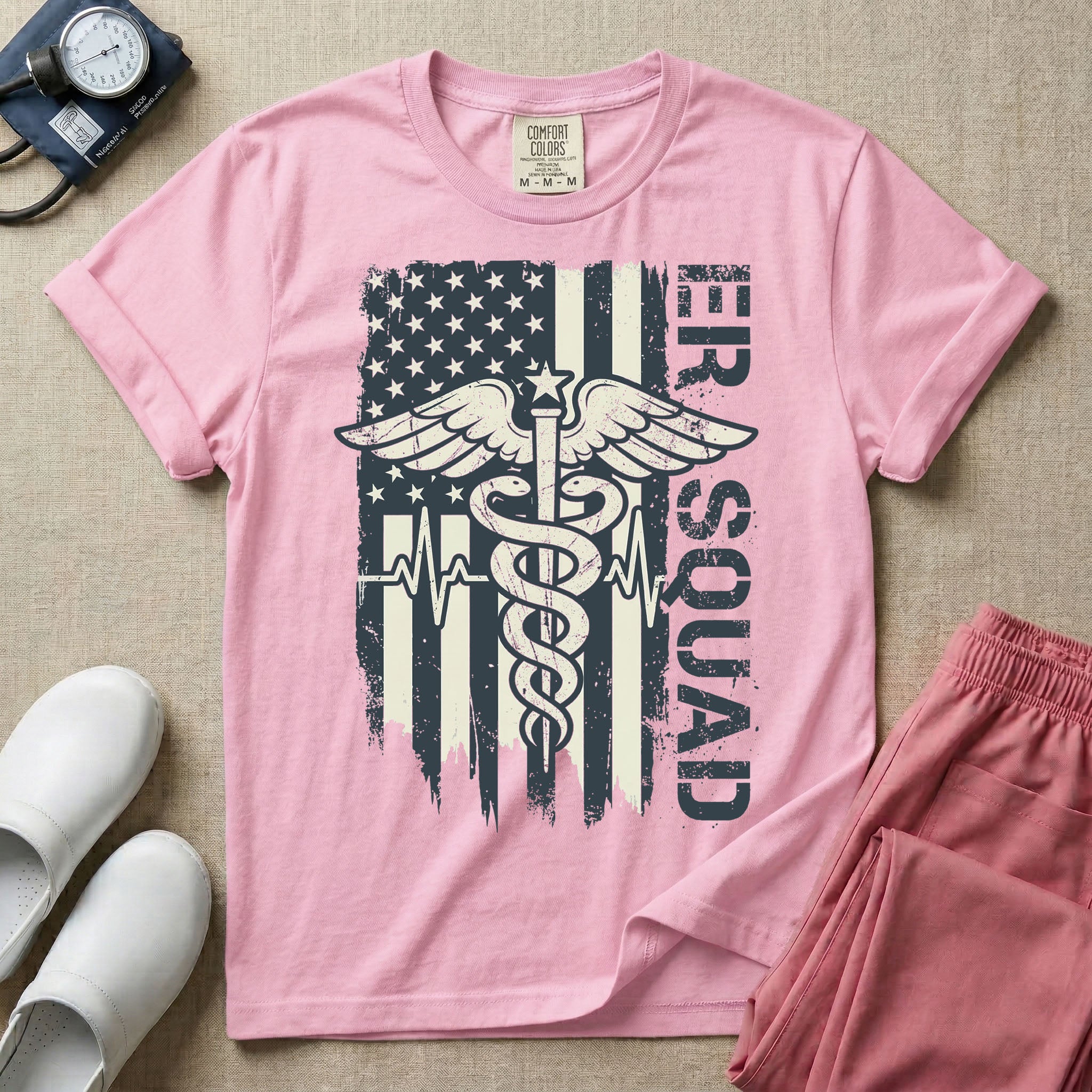 Patriotic ER Squad Caduceus American Flag Emergency Room Nurse T-Shirt