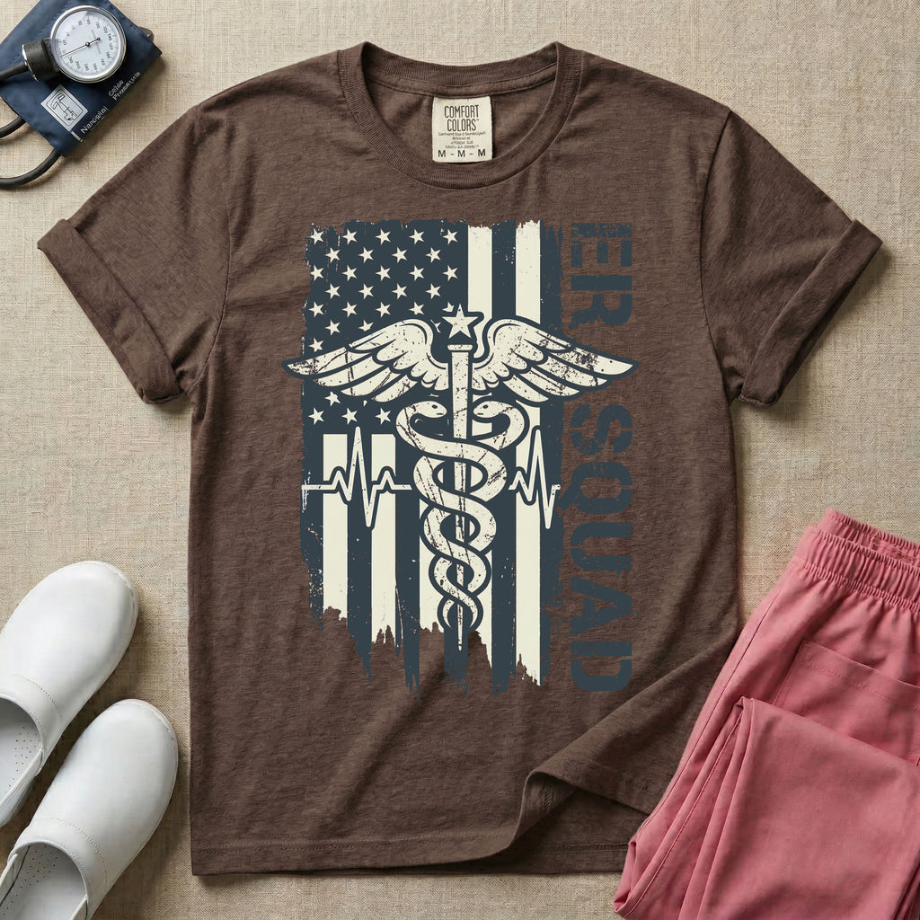 Patriotic ER Squad Caduceus American Flag Emergency Room Nurse T-Shirt