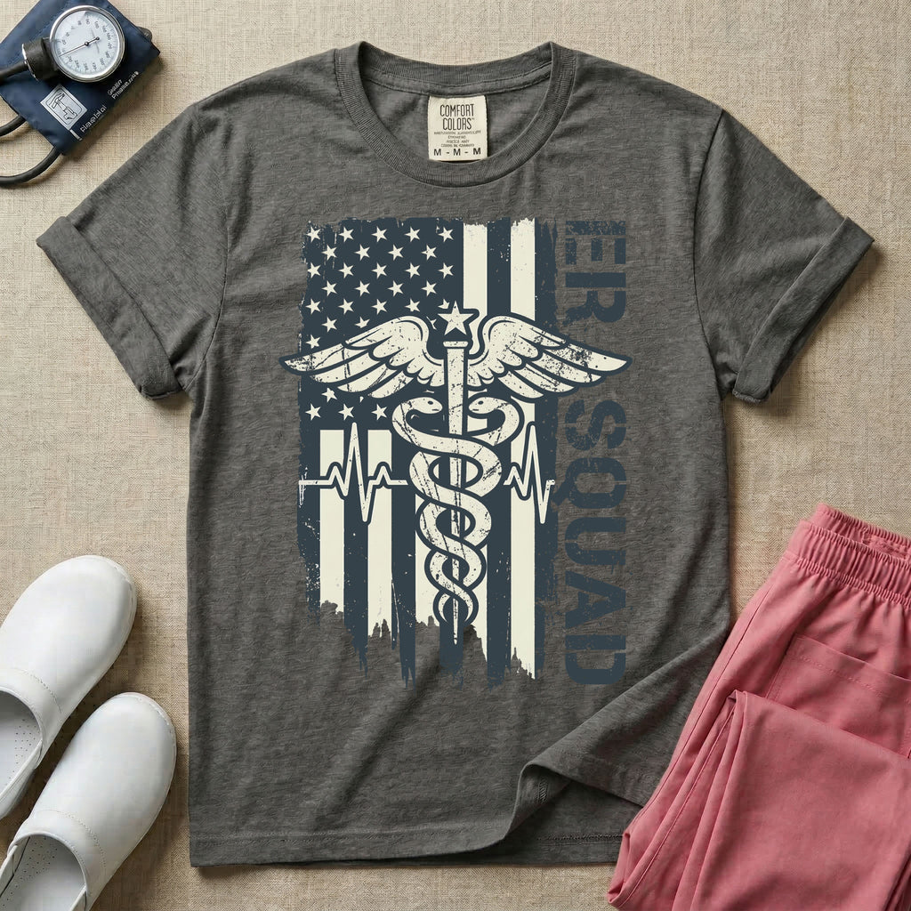 Patriotic ER Squad Caduceus American Flag Emergency Room Nurse T-Shirt