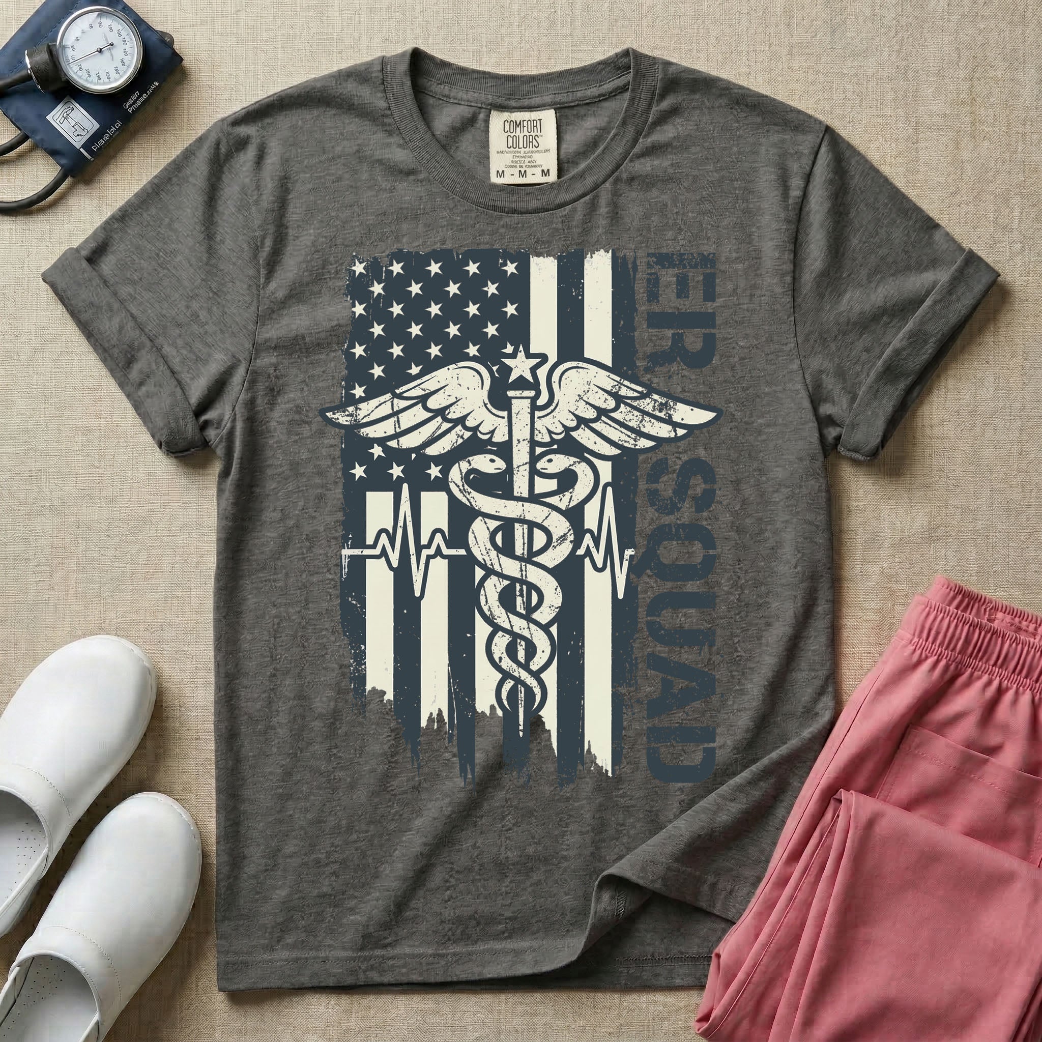 Patriotic ER Squad Caduceus American Flag Emergency Room Nurse T-Shirt